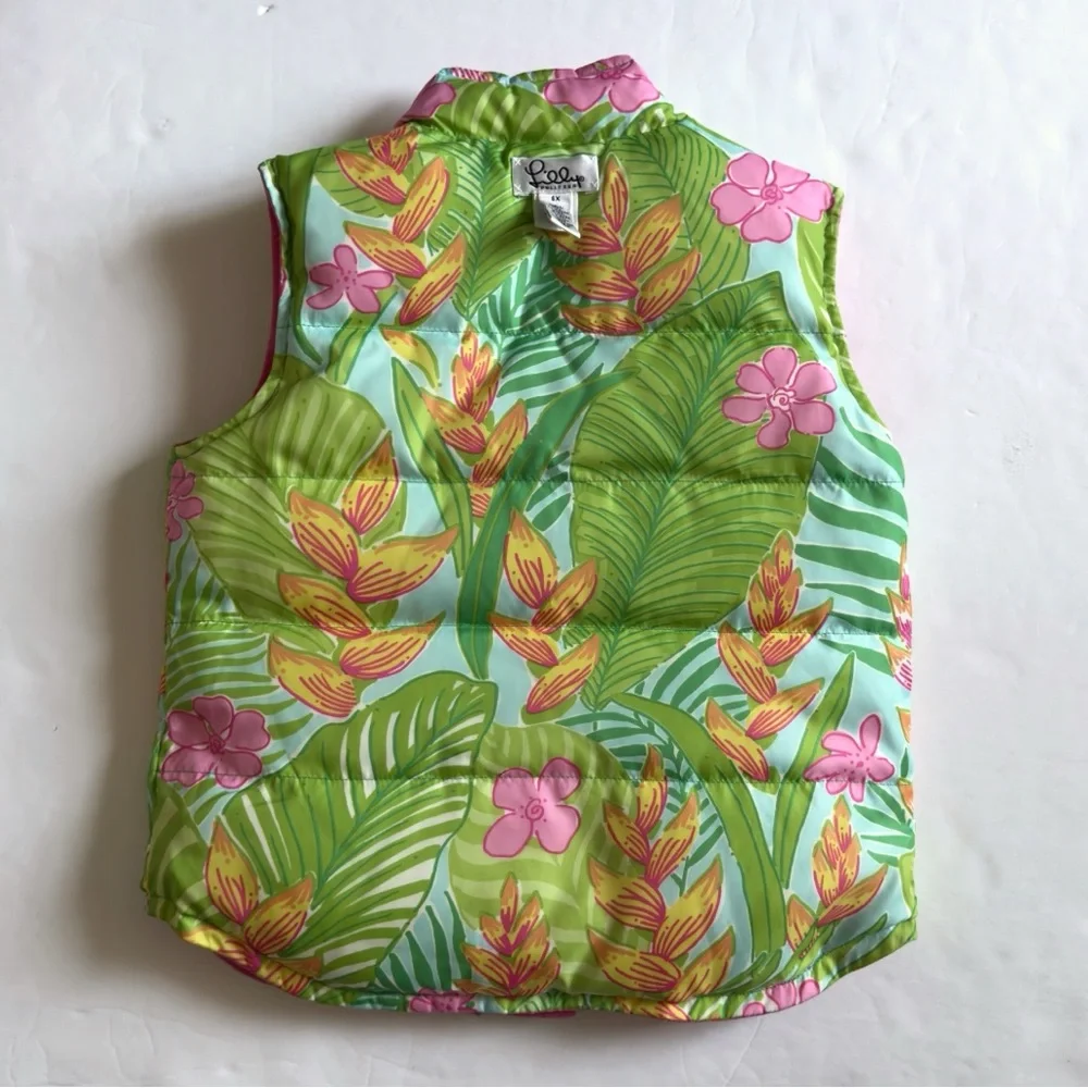 Lilly Pulitzer Floral Reversible Down Puffer Vest Girls 6X Pink Tropical Preppy